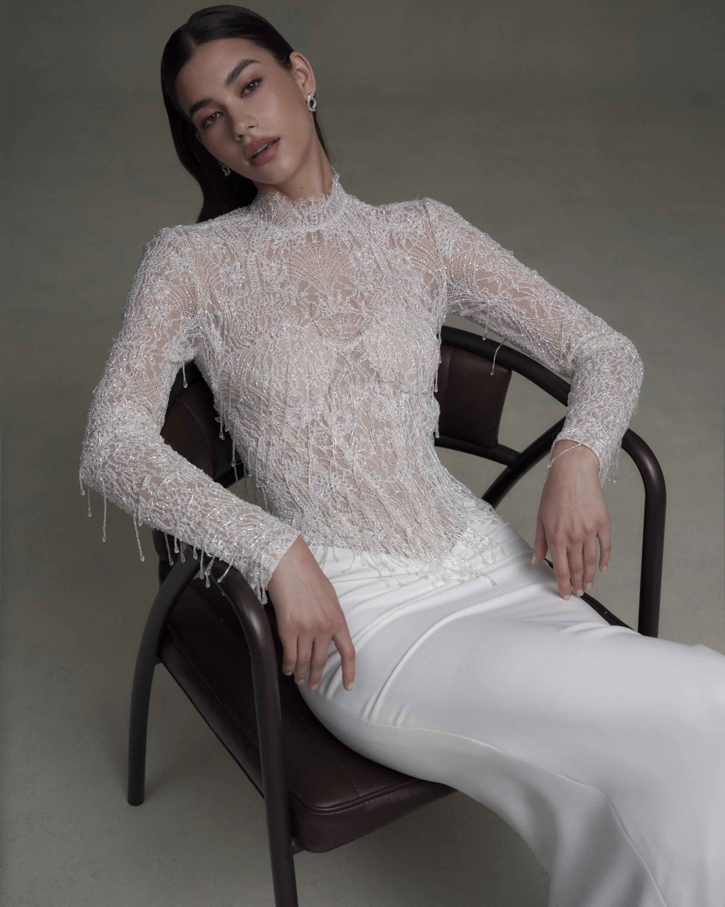 ☆shiona☆ 様　　　LACE COLLAR SET DRESS J195021 Long V-neck Metallic Lace MOB Dress with Sleeves